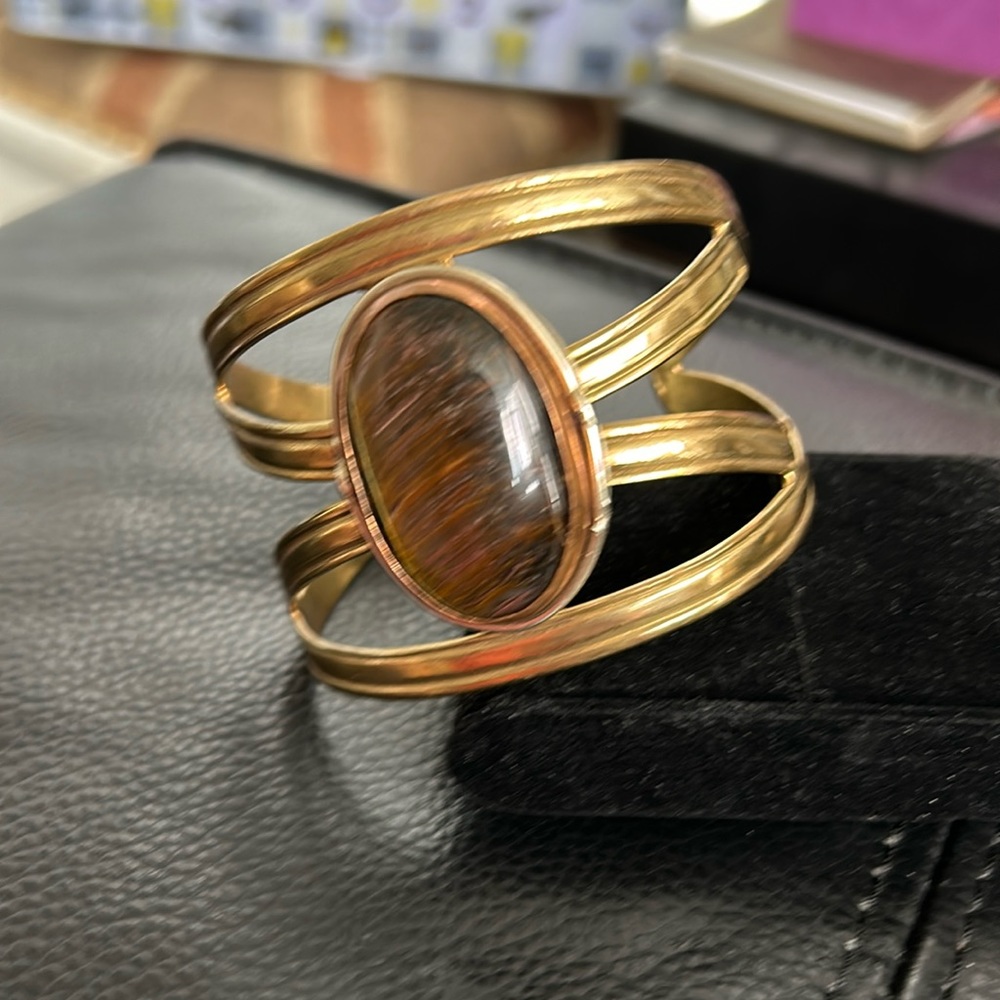 Gold-Tone Brown Stone Cuff Bracelet
